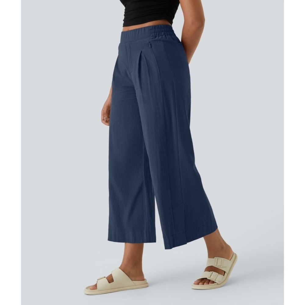 Halara Navy Blue High Waisted Pleated Wide Leg Cropped Pants Large NWT
